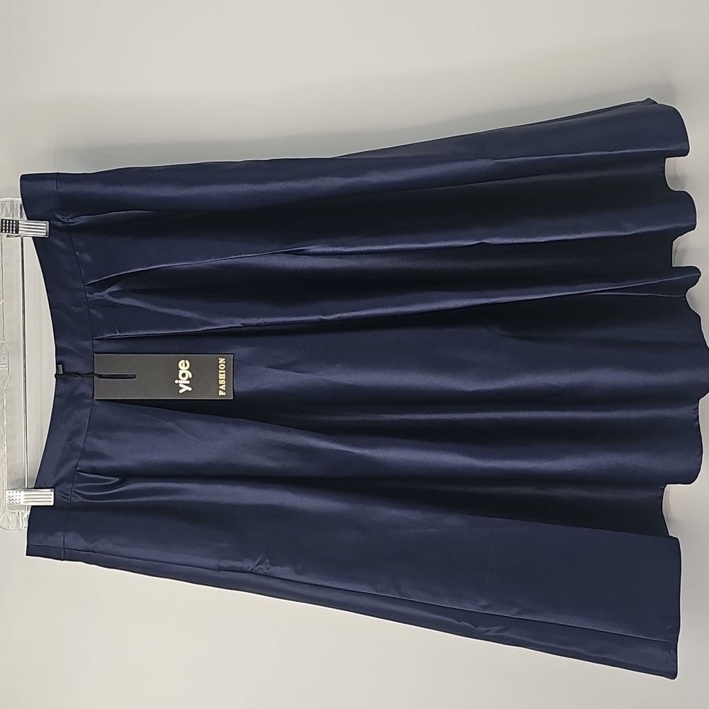 Yige Rich Blue Satiny‎ A-line Nipped Waist Flare Midi Skirt wPockets Coquette